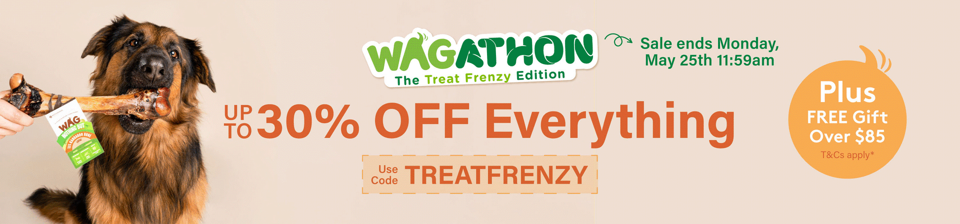 Up to 30% OFF All WAG Dog Treats and Chews + Free gift over $85